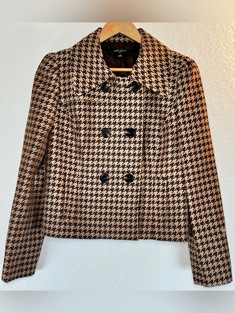 Nine West Brown and Cream Houndstooth Double-Breasted Crop Peacoat